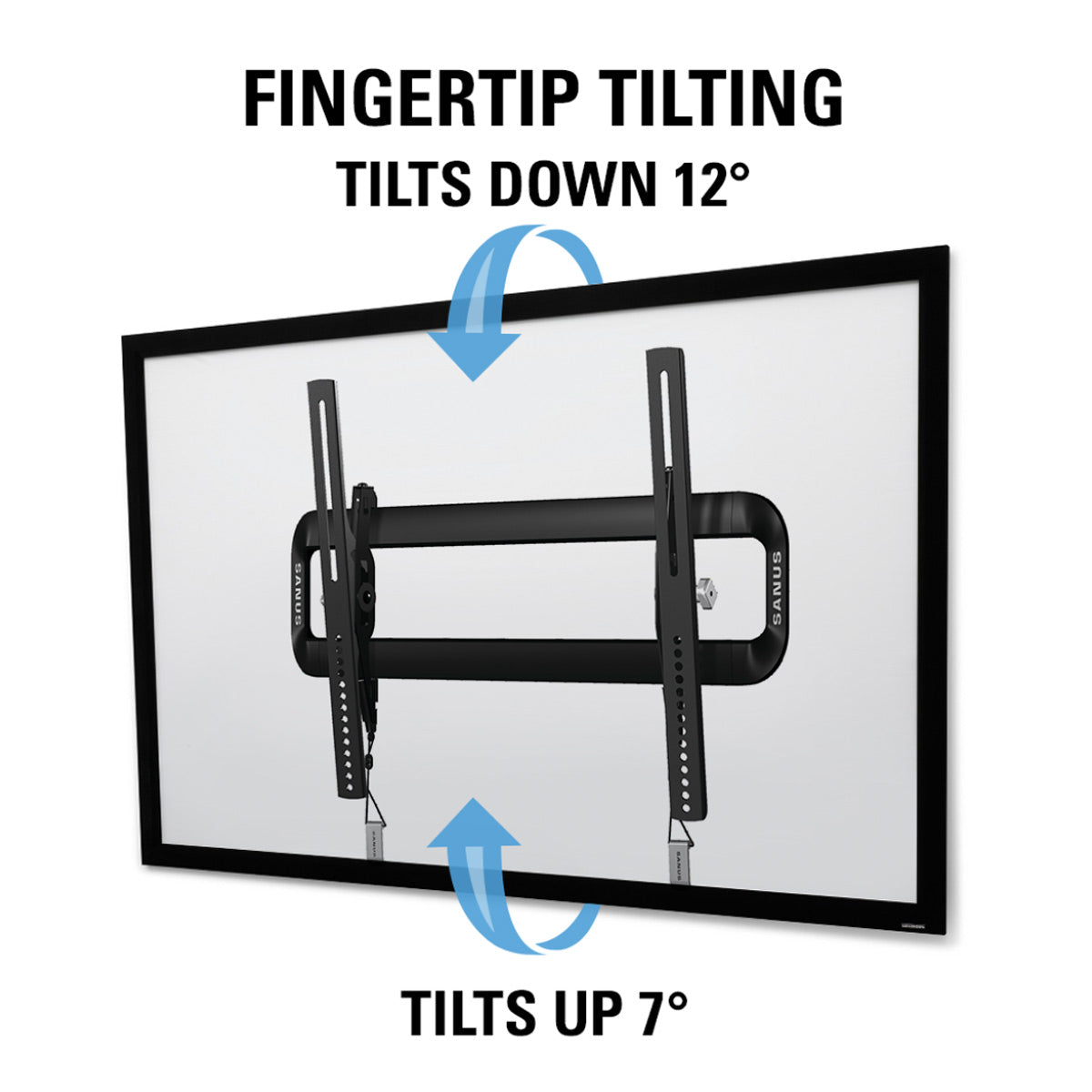 Black metal TV wall mount with vertical brackets and fingertip tilt adjustment