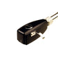 Black moving coil phono cartridge with silver stylus guard and dual tonearm pins