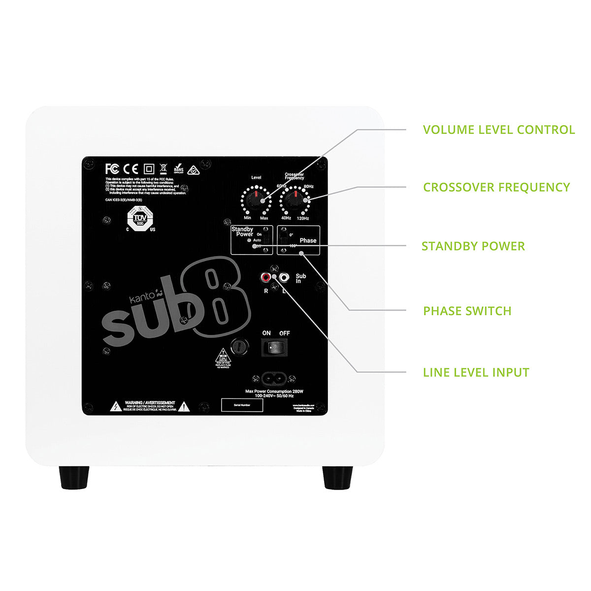 Kanto SUB8 8" Powered Subwoofer Bundle with AudioQuest Jack Russell Subwoofer Cable - 4m (White)