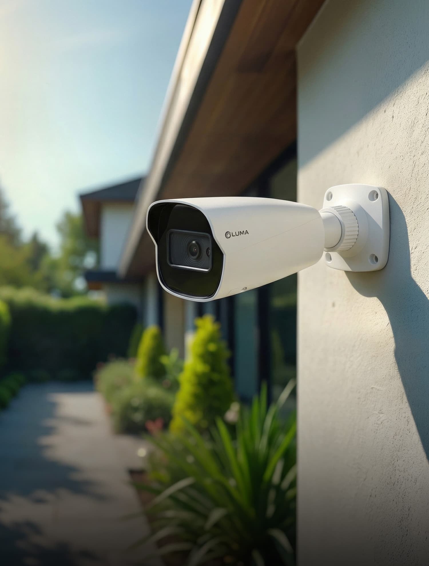 Security camera mounted on an exterior wall of a house with a blurred garden background