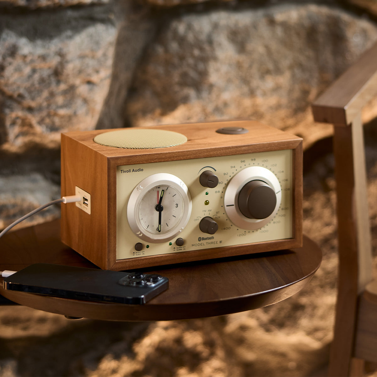 Tivoli Audio Model Three AM/FM Bluetooth Clock Radio with USB Charging Ports (Walnut / Beige)