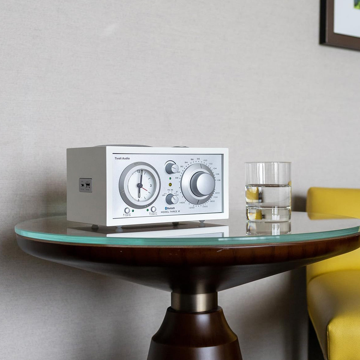 Tivoli Audio Model Three AM/FM Bluetooth Clock Radio with USB Charging Ports (White/Silver)