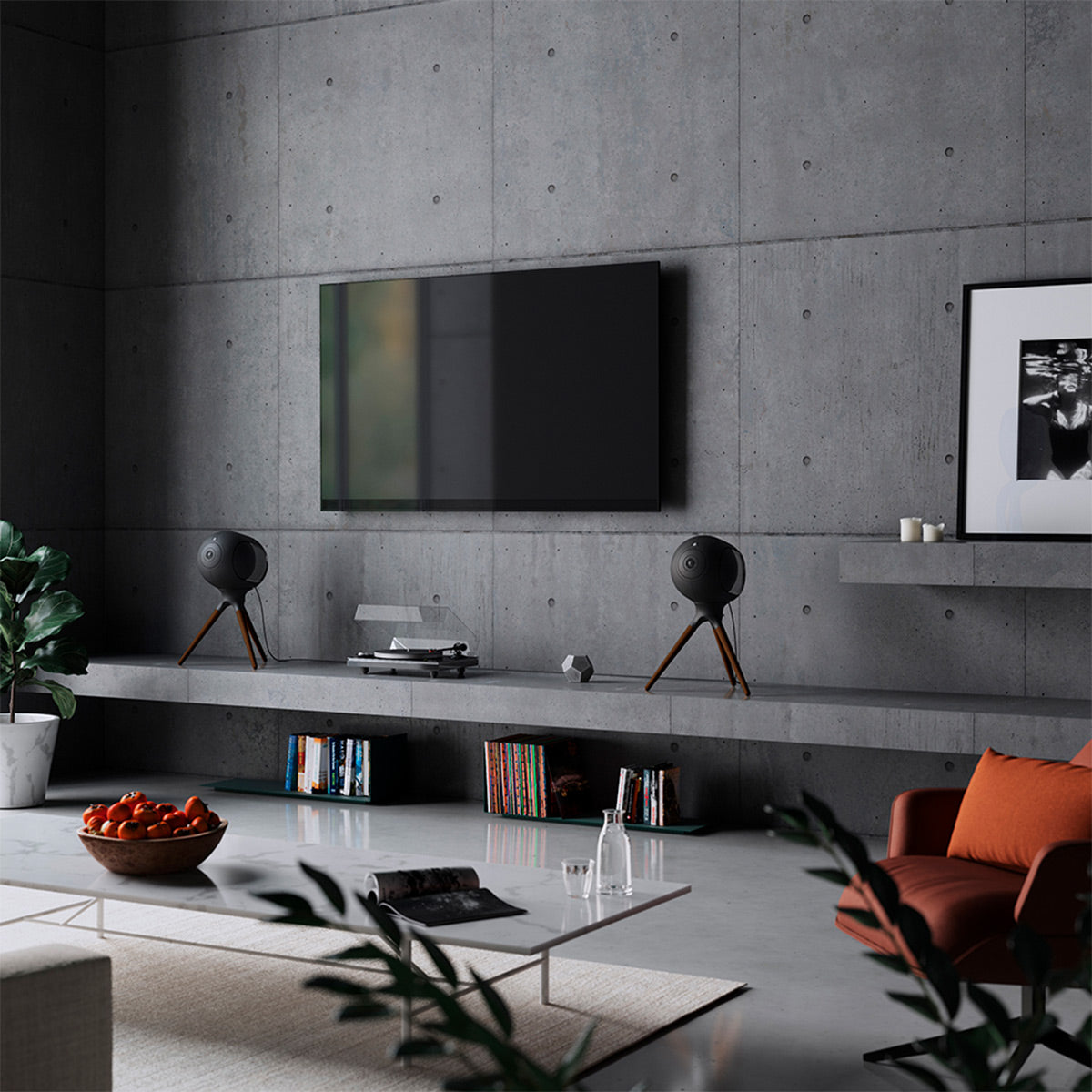 Devialet Phantom I 108dB High-End Wireless Speaker (Dark Chrome) with Treepod Floorstand for Phantom I (Matte Black) - Each