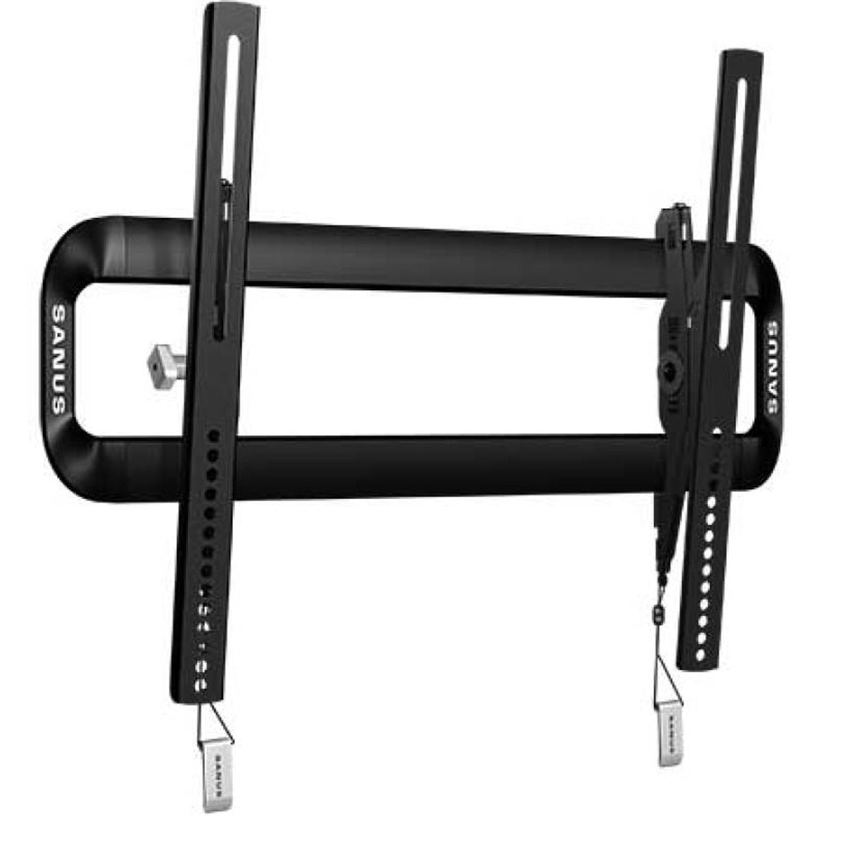 Black steel TV wall mount with adjustable vertical brackets and pull-cord release straps