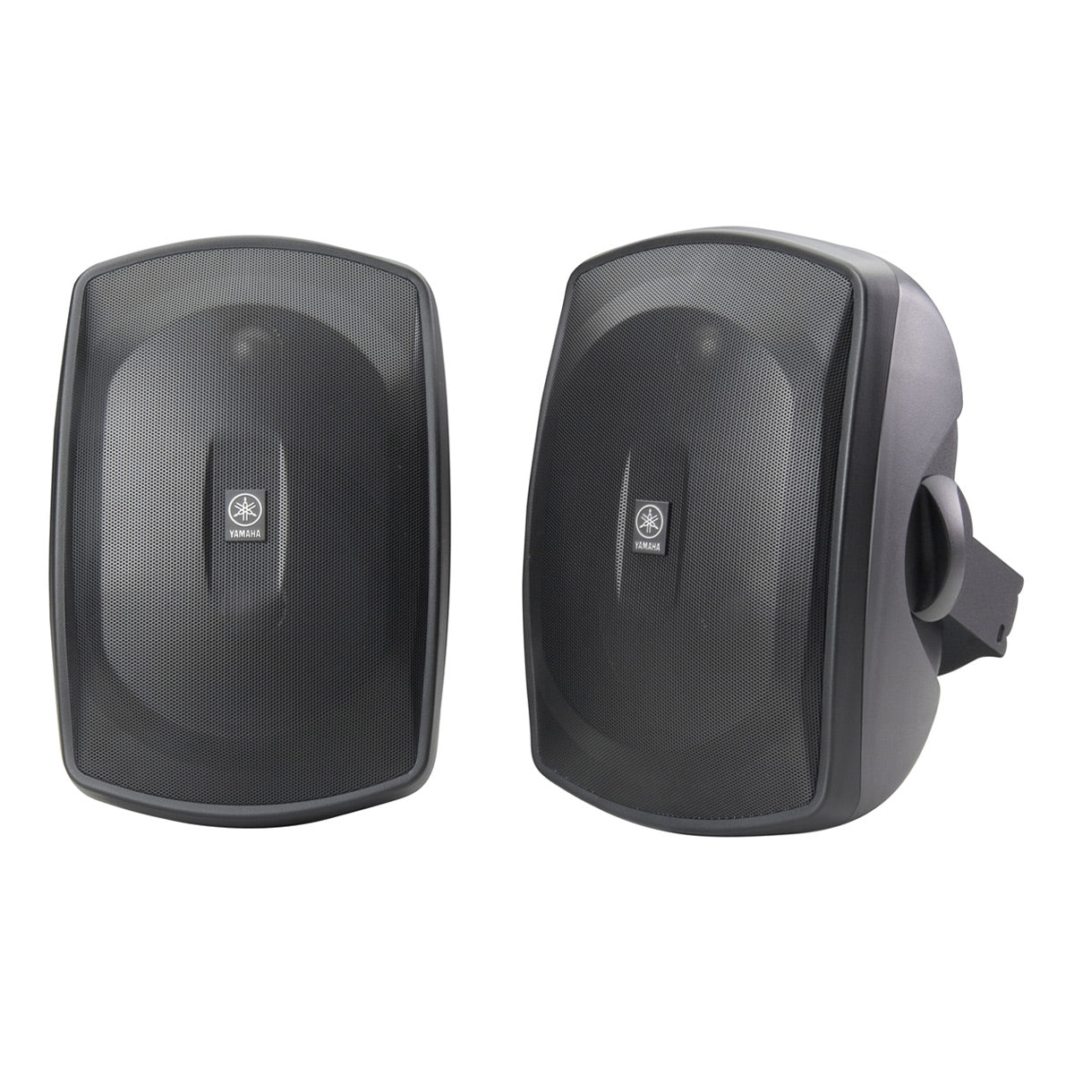 Pair of black outdoor speakers with mesh grilles and wall-mount brackets