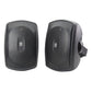 Pair of black outdoor speakers with mesh grilles and wall-mount brackets