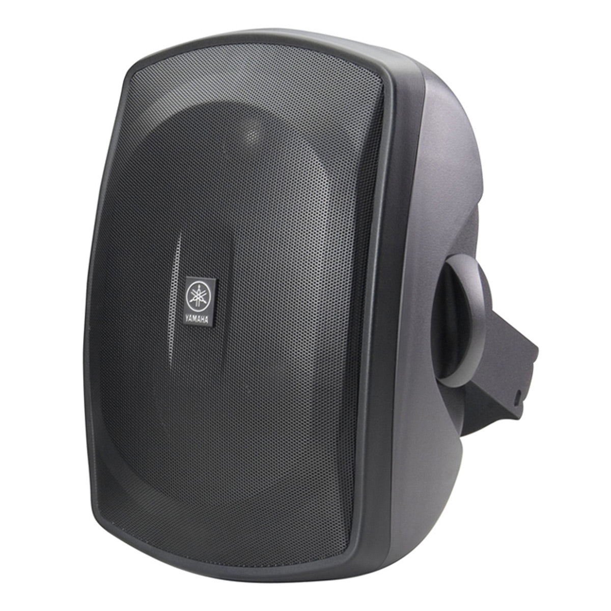 Black outdoor speaker with mesh grille and adjustable mounting bracket