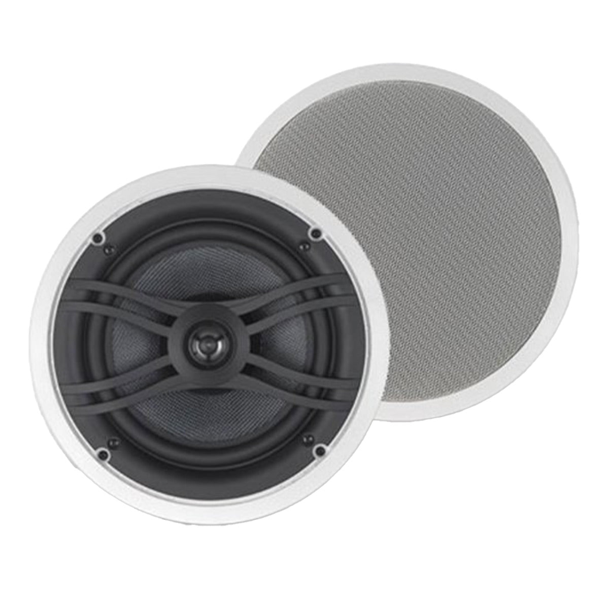 White round in-wall speaker with a black woofer and a removable white mesh grille