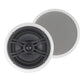 White round in-wall speaker with a black woofer and a removable white mesh grille