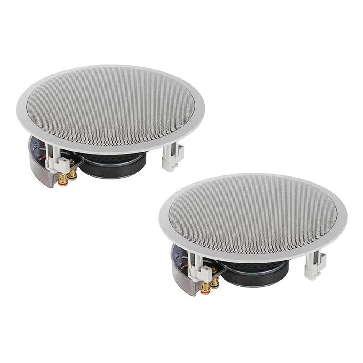 Pair of round white in-wall speakers with perforated metal grilles and spring-loaded mounting clips