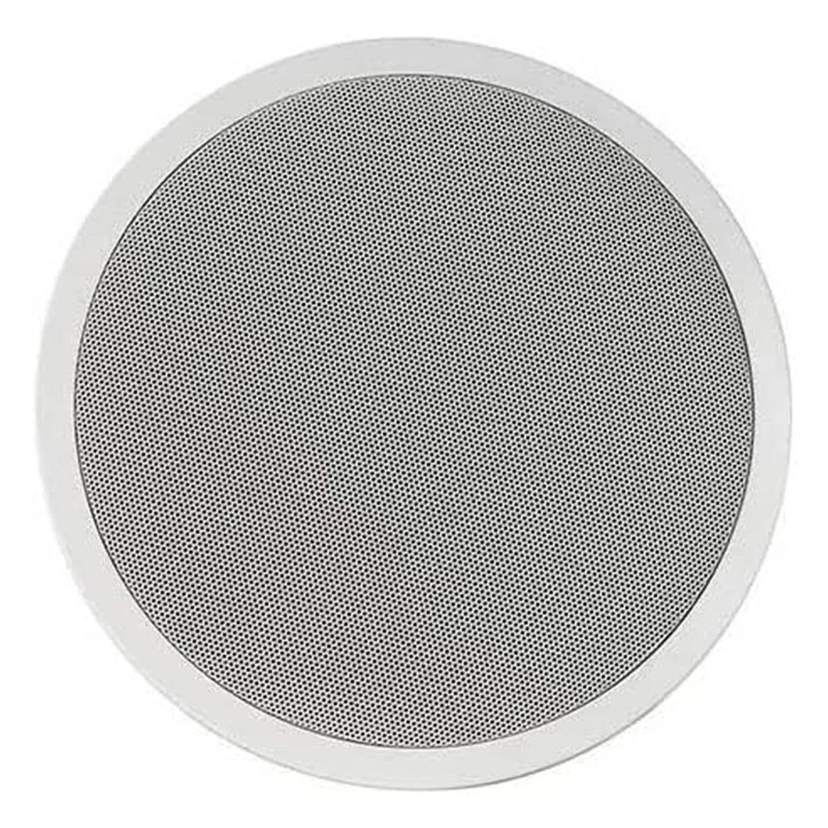 White circular in-wall speaker with a perforated metal grille and a smooth outer bezel