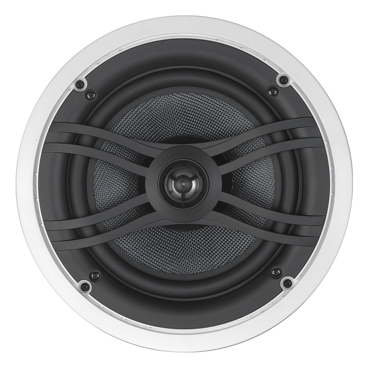White circular in-wall speaker with black woofer and central tweeter