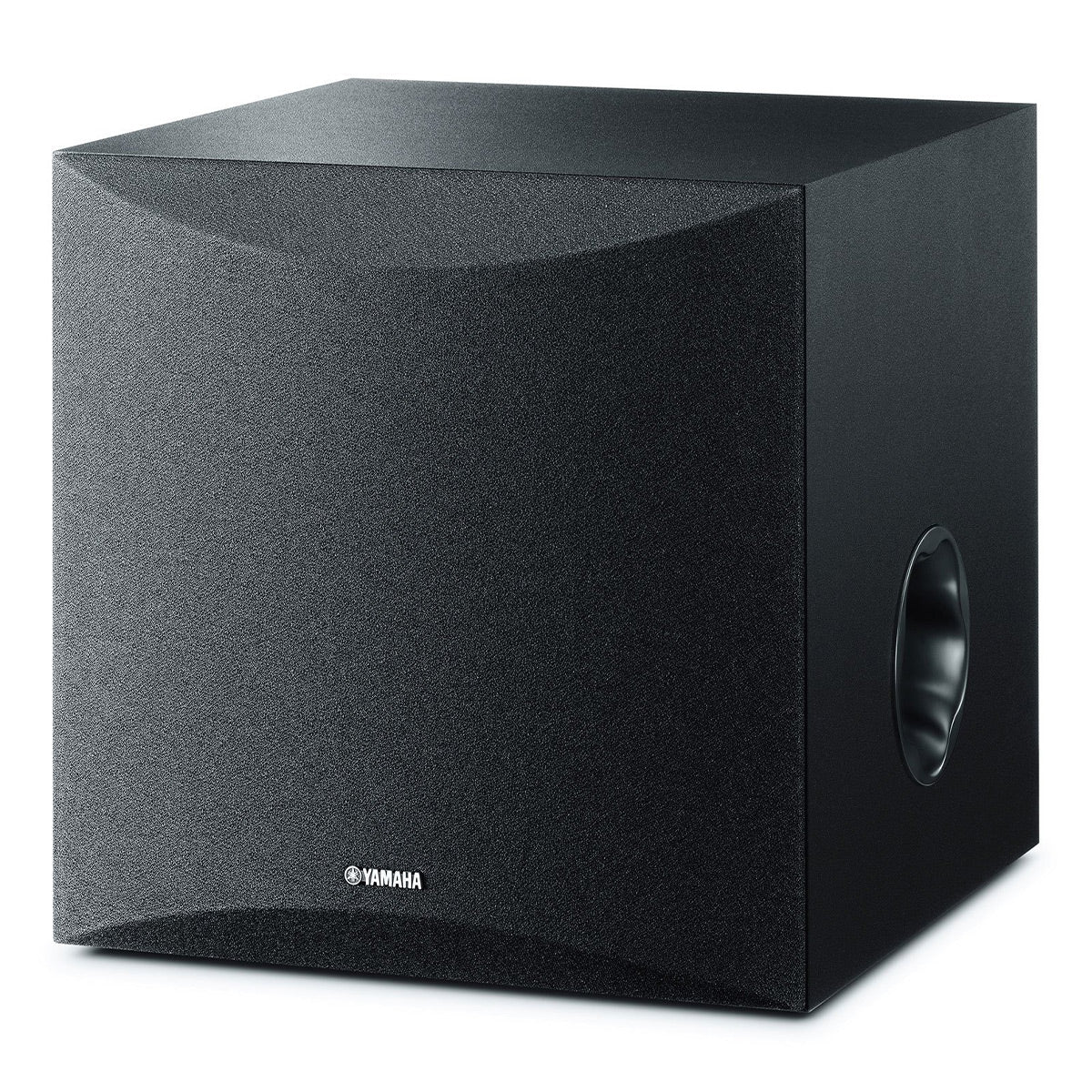 Black powered subwoofer with a front fabric grille and a side-firing port