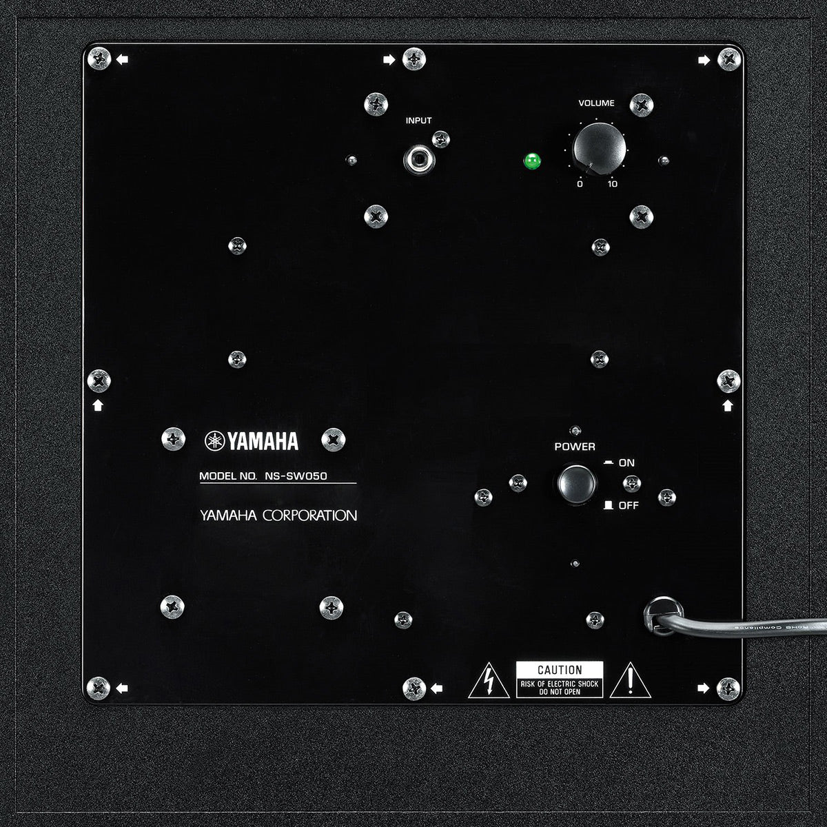 Black subwoofer rear panel with volume knob, power switch, and input jack