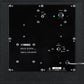 Black subwoofer rear panel with volume knob, power switch, and input jack