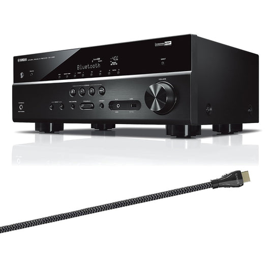 Yamaha RX-V385BL 5.1 Channel AV Receiver with Sanus Ultra High Speed 8K 6.56 ft. HDMI 2.1 Cable