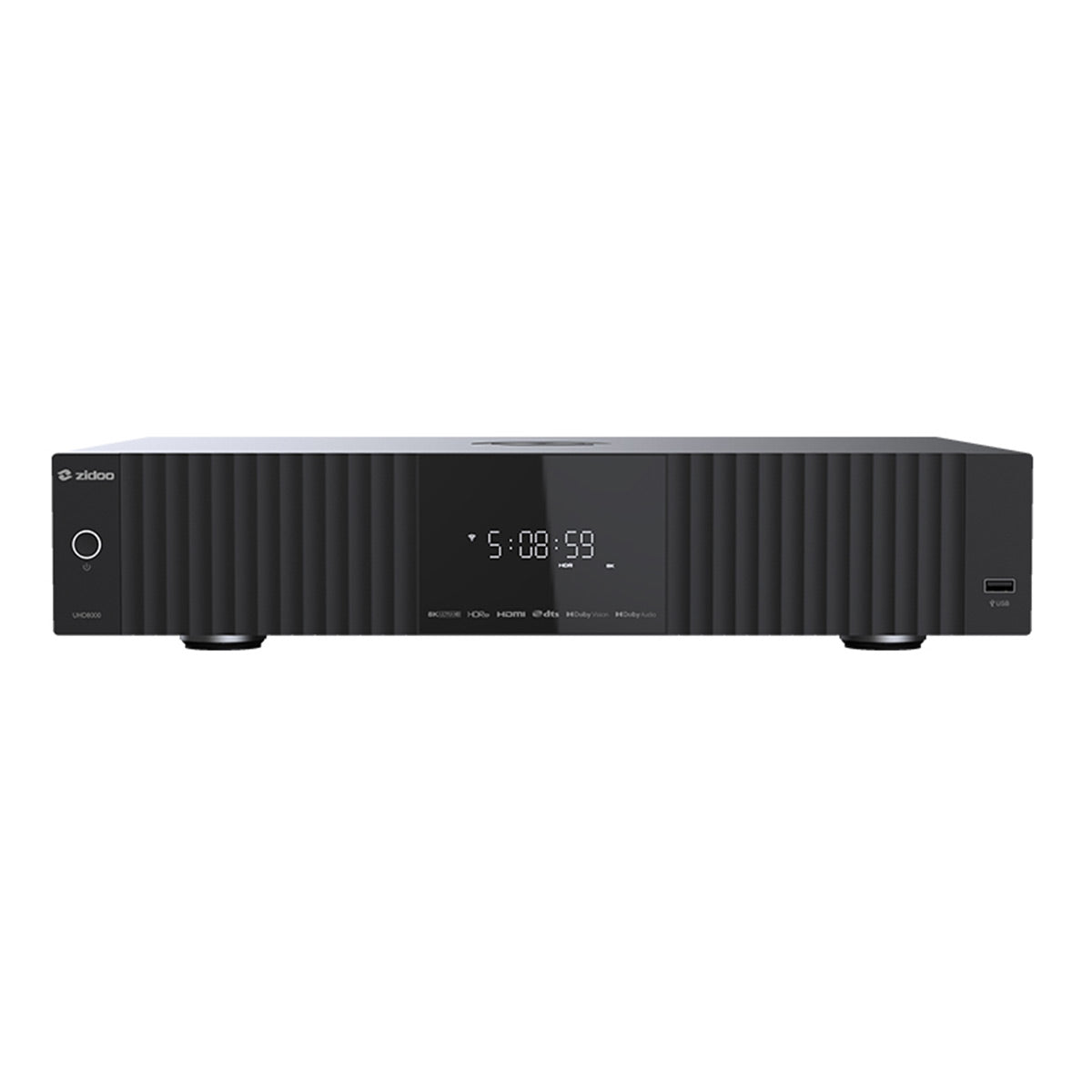 Black media player with a digital display, front USB port, and vertical ribbed design