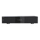 Black media player with a digital display, front USB port, and vertical ribbed design