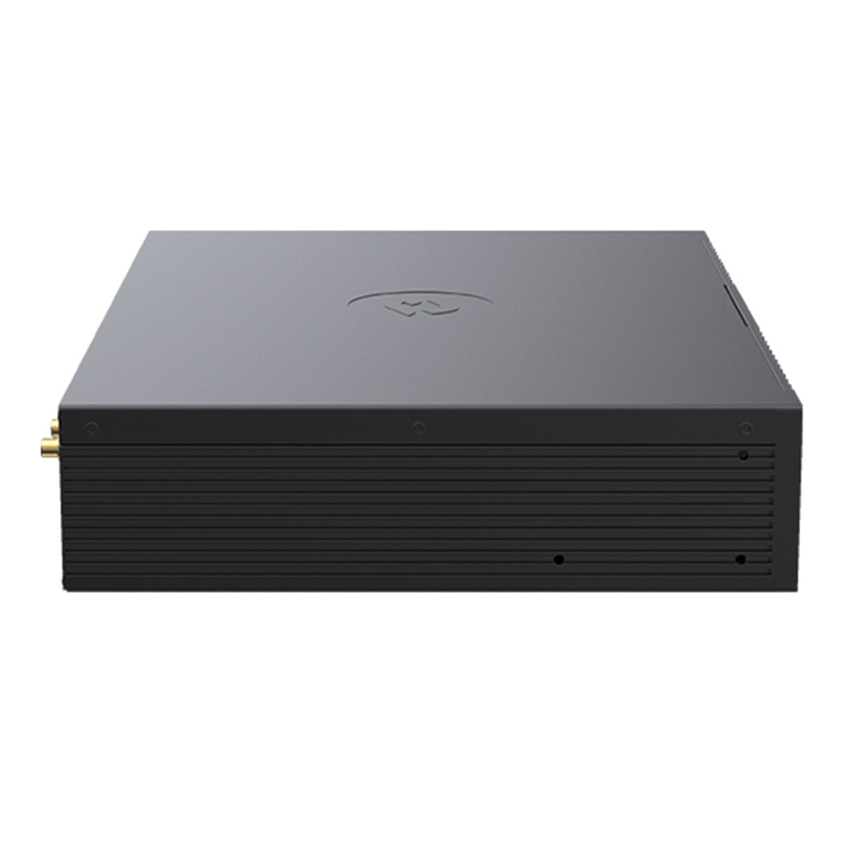 Matte black media player with a ribbed front panel and gold antenna connector