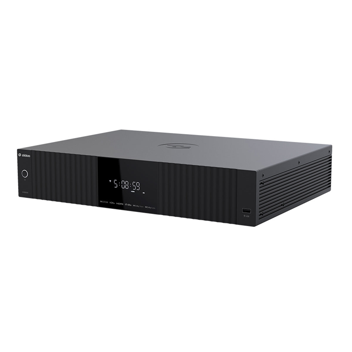 Black media player with a front digital display and vertical ribbed texture