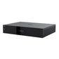 Black media player with a front digital display and vertical ribbed texture
