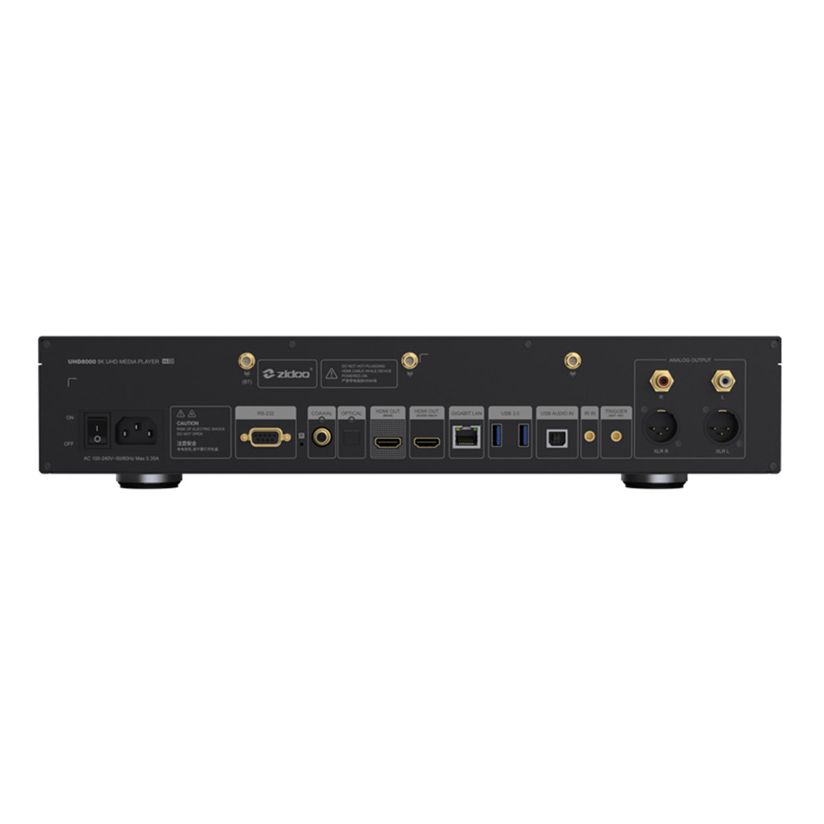 Black media player rear panel with gold-plated HDMI, XLR, and coaxial ports