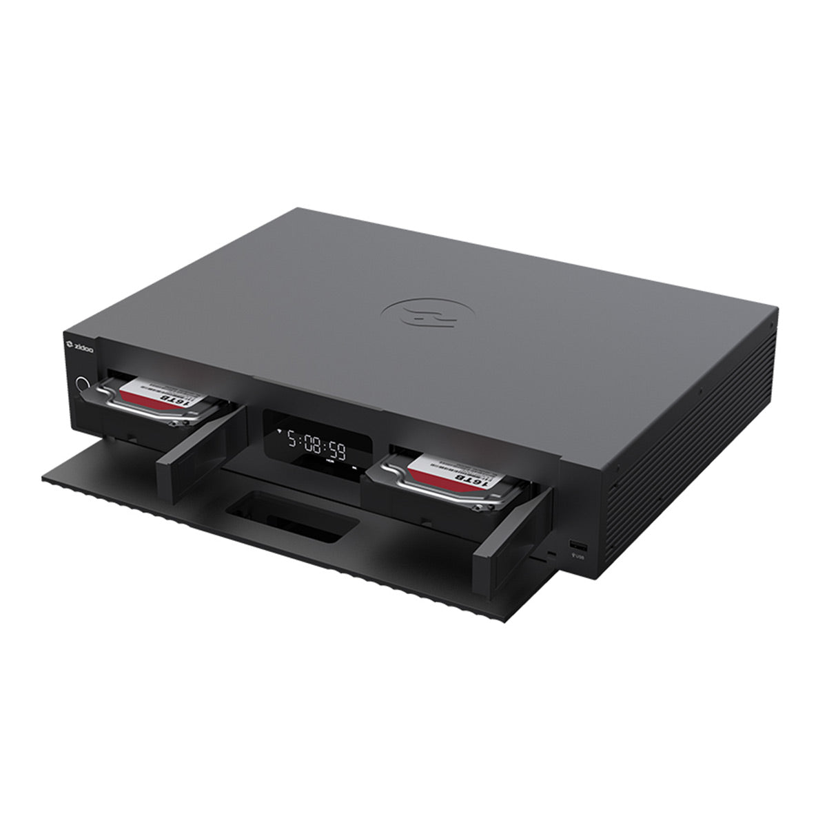 Black media player with dual front-loading drive bays and digital time display