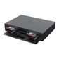 Black media player with dual front-loading drive bays and digital time display