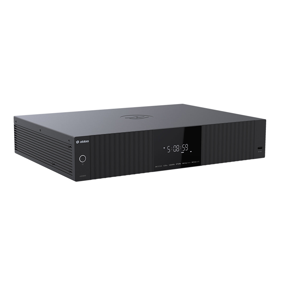 Black media player with a digital clock display and front USB port
