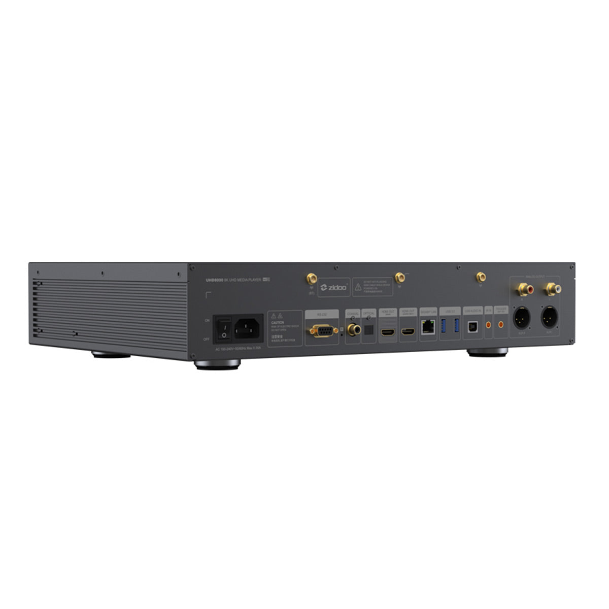 Dark gray media player rear panel with HDMI, USB, and XLR audio ports