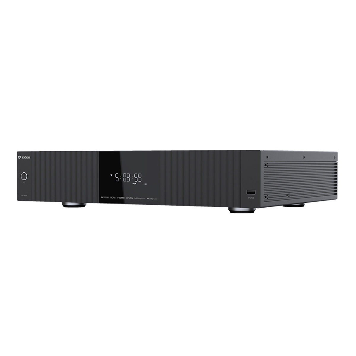 Black media player with a digital display, front USB port, and ribbed side panels