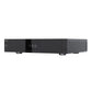 Black media player with a digital display, front USB port, and ribbed side panels