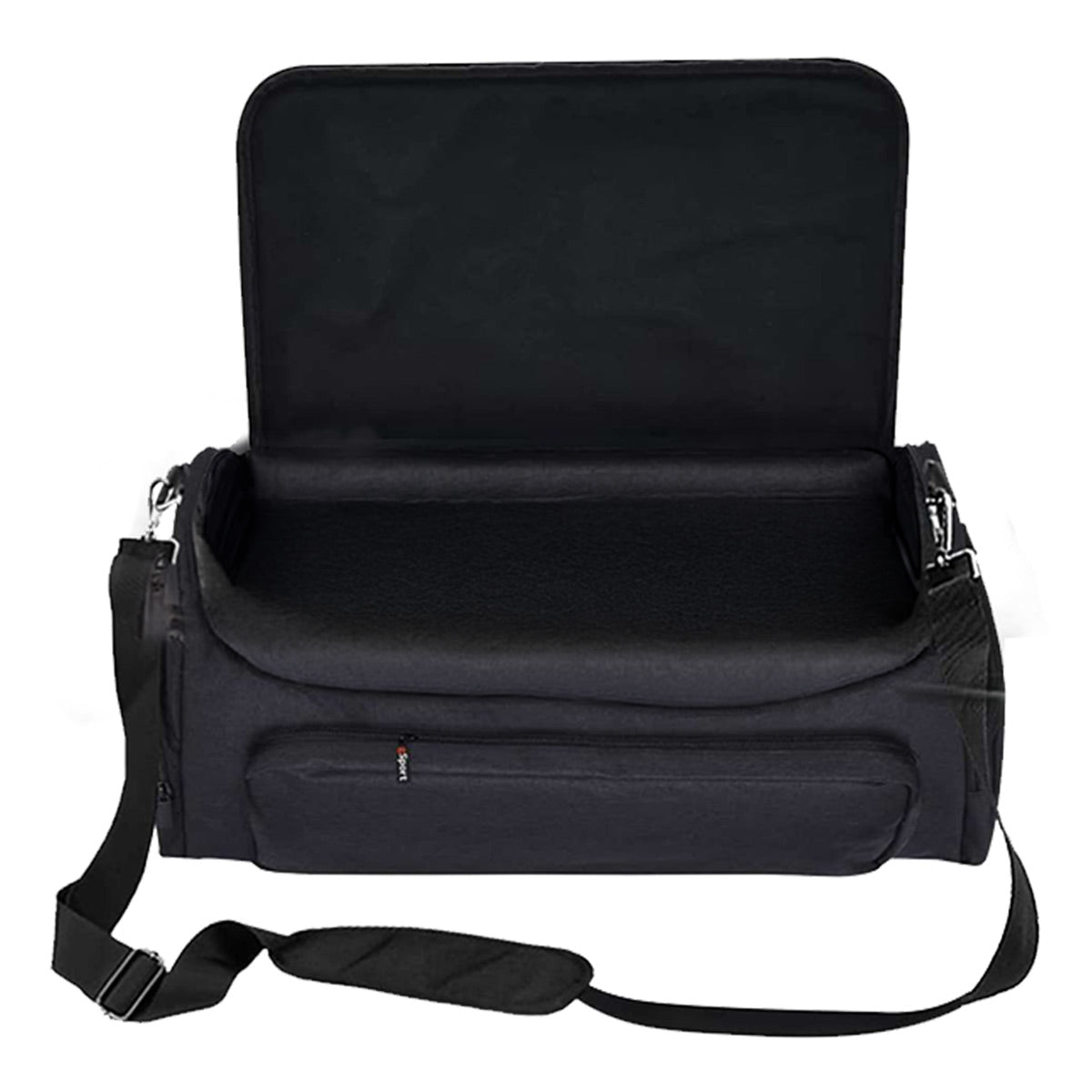Black padded carrying case with open lid, front zippered pocket, and adjustable shoulder strap