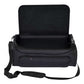Black padded carrying case with open lid, front zippered pocket, and adjustable shoulder strap