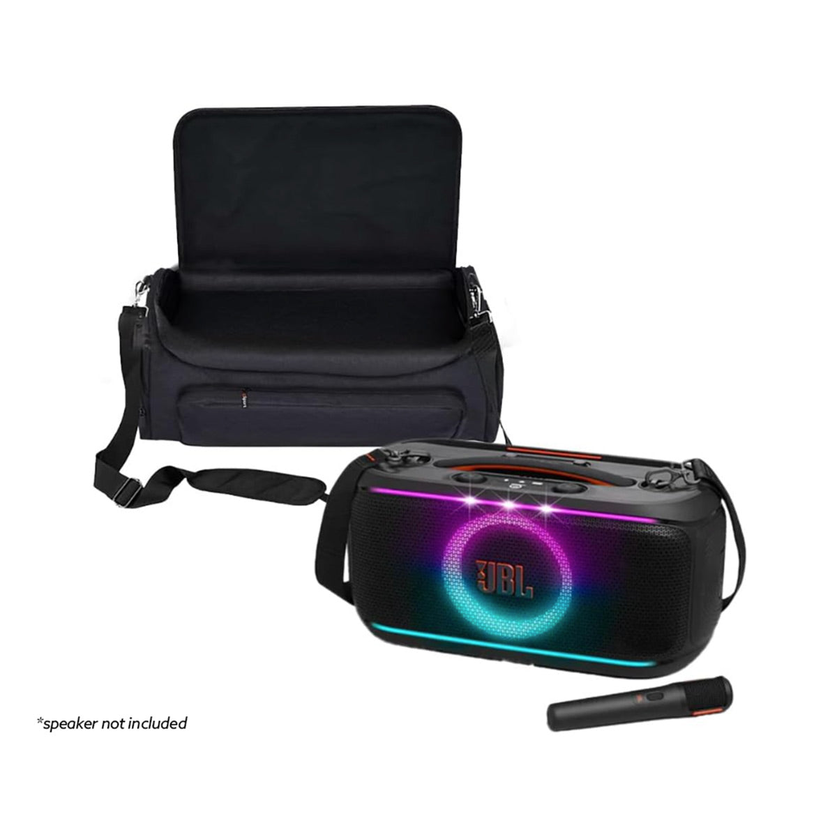Black padded carrying case with open lid, shoulder strap, and front zippered pocket