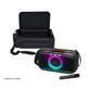 Black padded carrying case with open lid, shoulder strap, and front zippered pocket