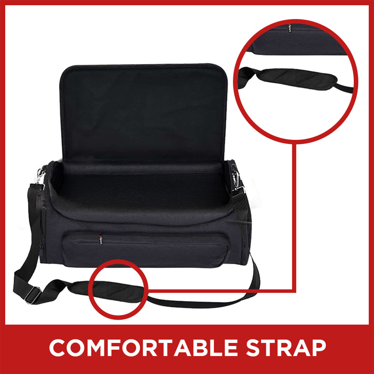 Black padded carrying case with open lid, front zippered pocket, and adjustable shoulder strap