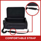 Black padded carrying case with open lid, front zippered pocket, and adjustable shoulder strap