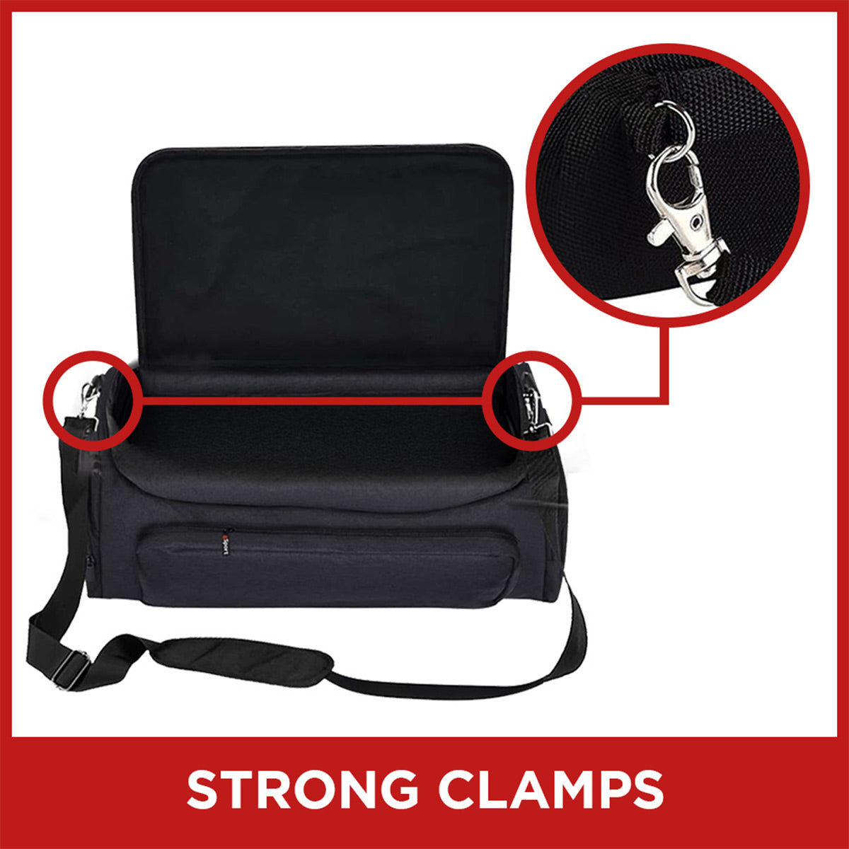 Black nylon carrying case with open top flap, front zippered pocket, and padded shoulder strap