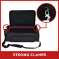 Black nylon carrying case with open top flap, front zippered pocket, and padded shoulder strap