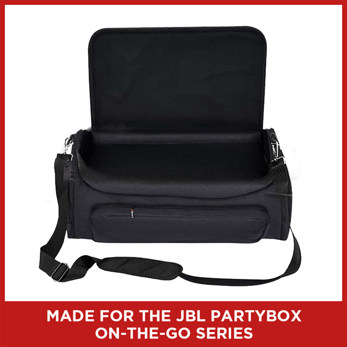Black padded carrying case with open lid, front zippered pocket, and adjustable shoulder strap