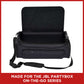 Black padded carrying case with open lid, front zippered pocket, and adjustable shoulder strap