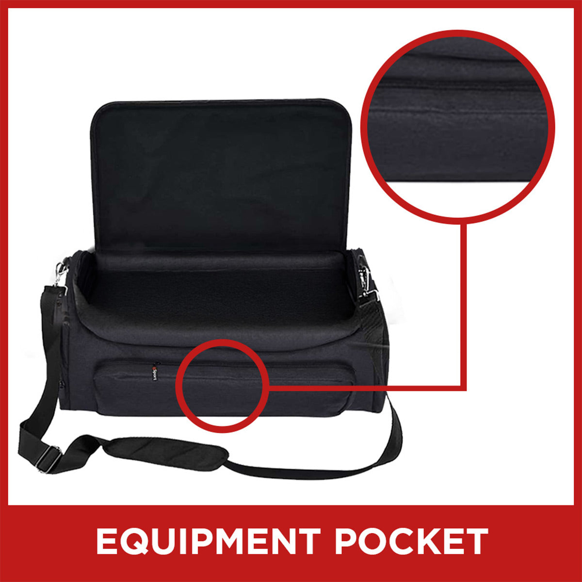 Black padded carrying case with open lid, front zippered pocket, and adjustable shoulder strap