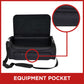 Black padded carrying case with open lid, front zippered pocket, and adjustable shoulder strap