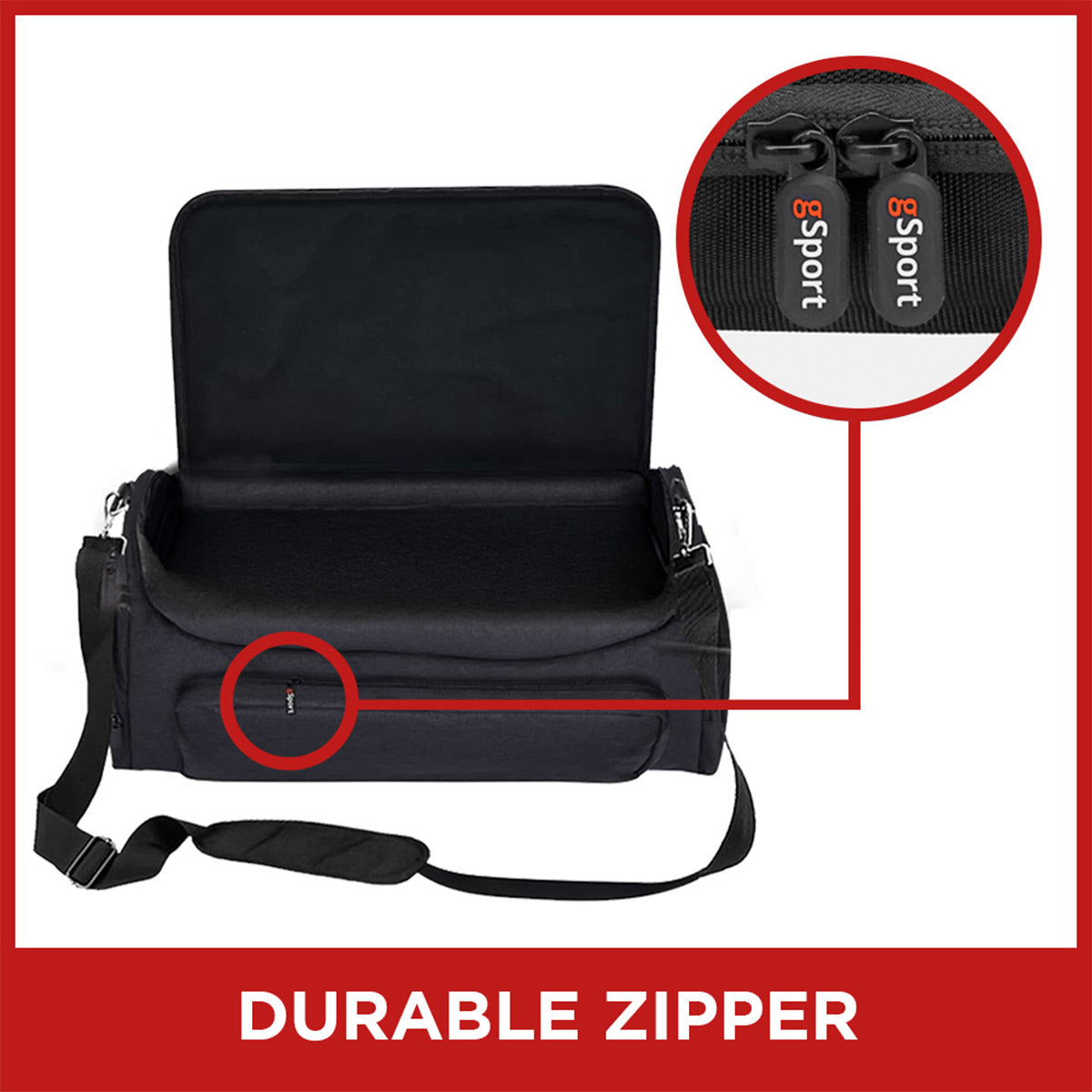 Black padded carrying case with open lid, adjustable shoulder strap, and dual branded zipper pulls