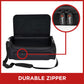 Black padded carrying case with open lid, adjustable shoulder strap, and dual branded zipper pulls