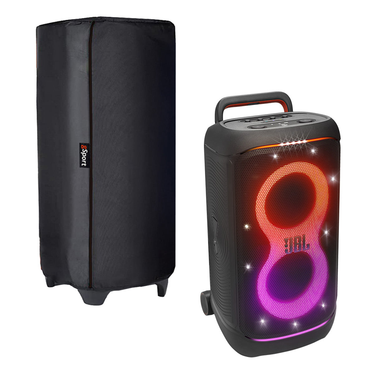 Black nylon speaker cover with vertical zipper and small logo tag