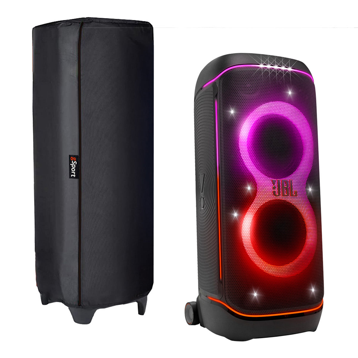 Black nylon speaker cover with a vertical zipper and small logo tag