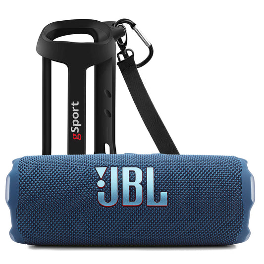 Blue cylindrical portable speaker with a woven mesh exterior and a black silicone carrying case with