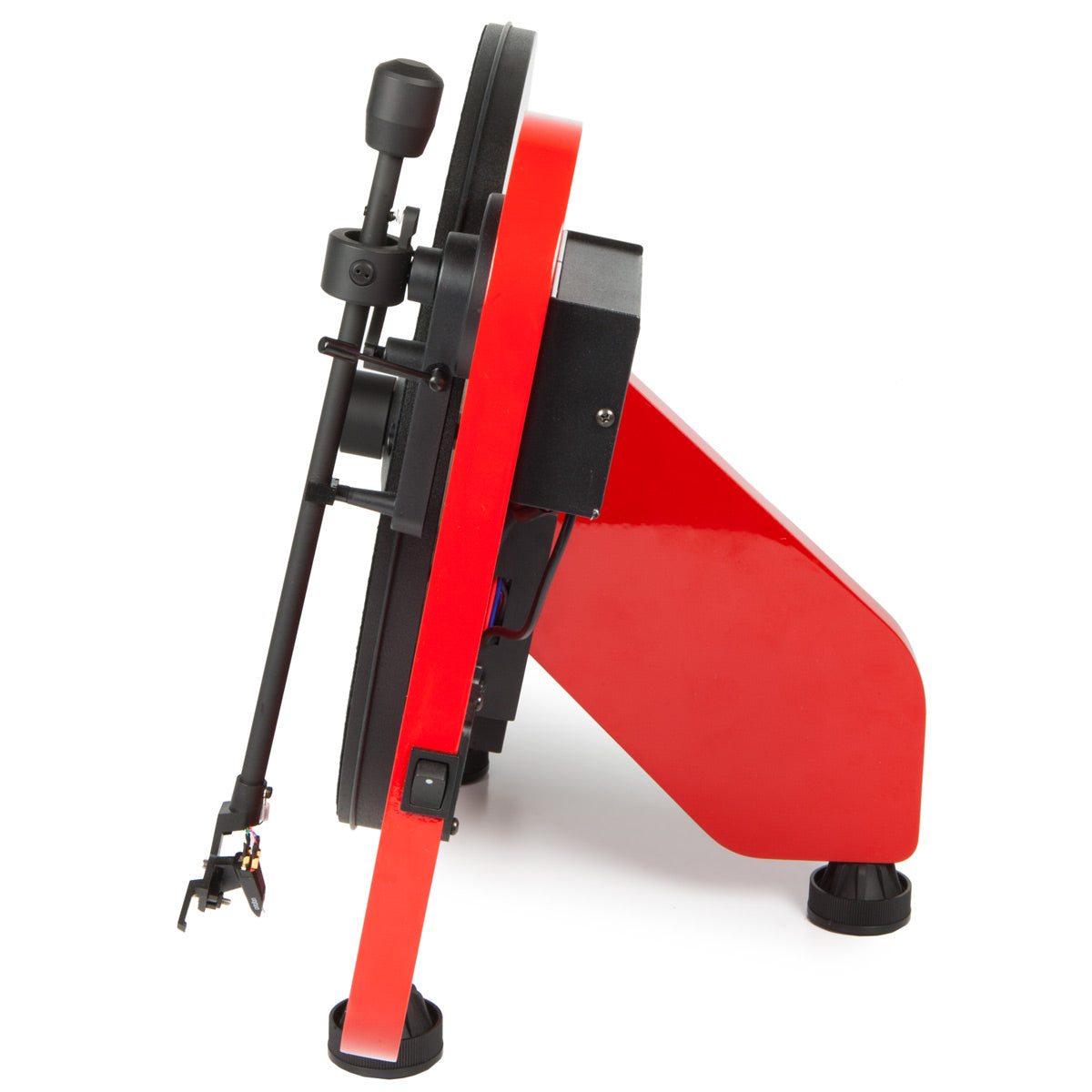 High gloss red vertical turntable with black tonearm and adjustable feet